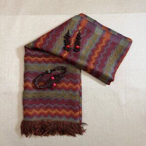 Red Orange And Green Scarf And Brown And Red Seed Earrings And Necklace Accessor